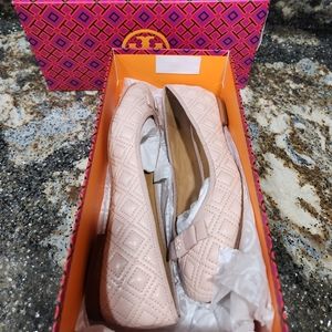 NIB Tory Burch Marion Quilted Leather Ballet Flat Size 5M SEASHELL PINK NEW